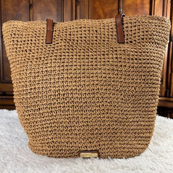 Jessica Simpson Raffia Straw 3D Beaded Floral Feather St. Pete Toast Pink Tote - Picture 5 of 16